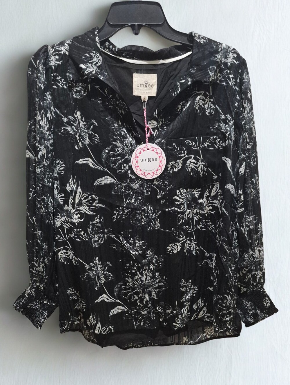 Umgee Black & White Floral Sheer Blouse Top Smocked Cuffs NWT S M L